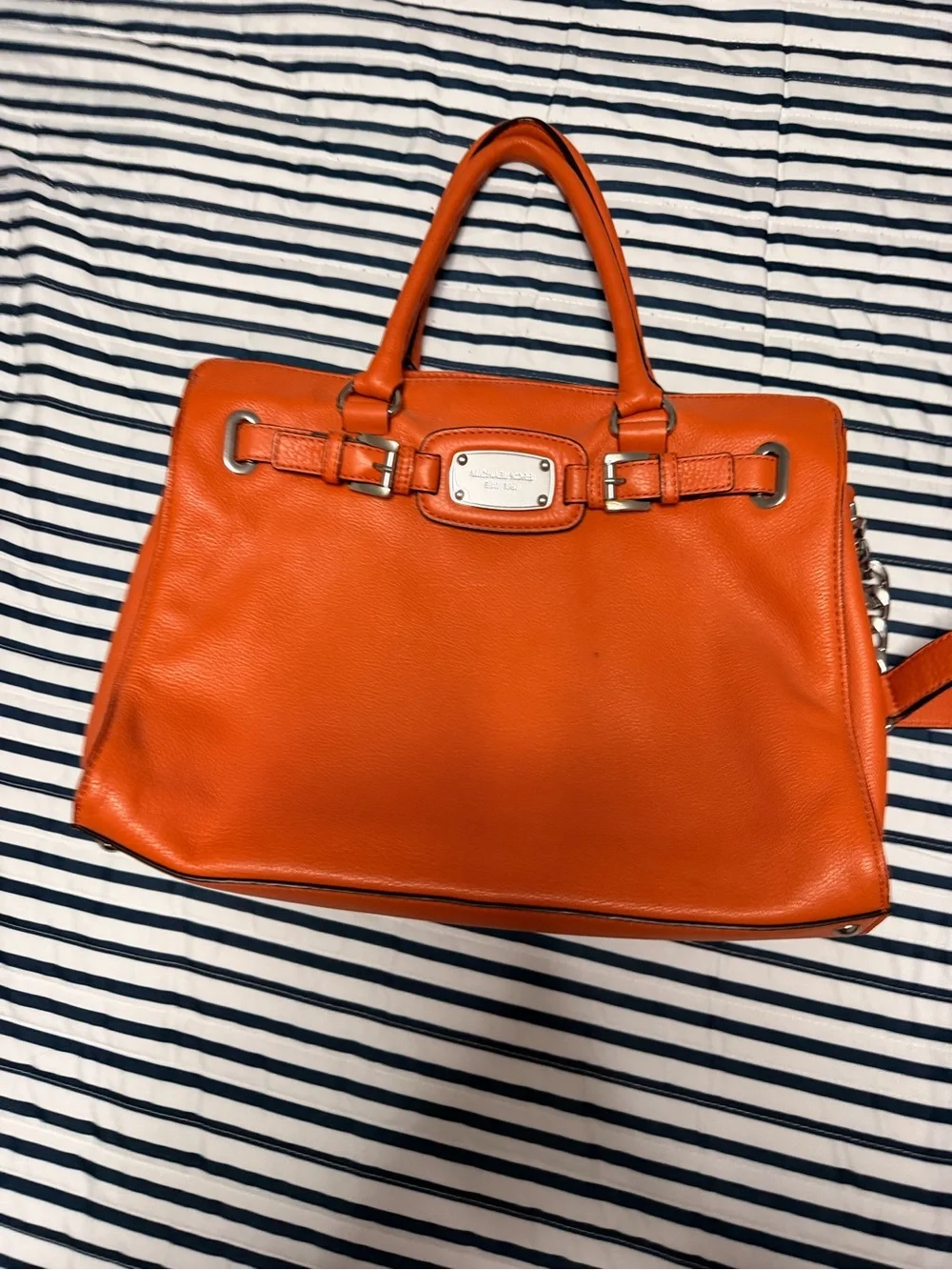 Michael Kors Orange Leather Satchel with Chain-Accent Straps